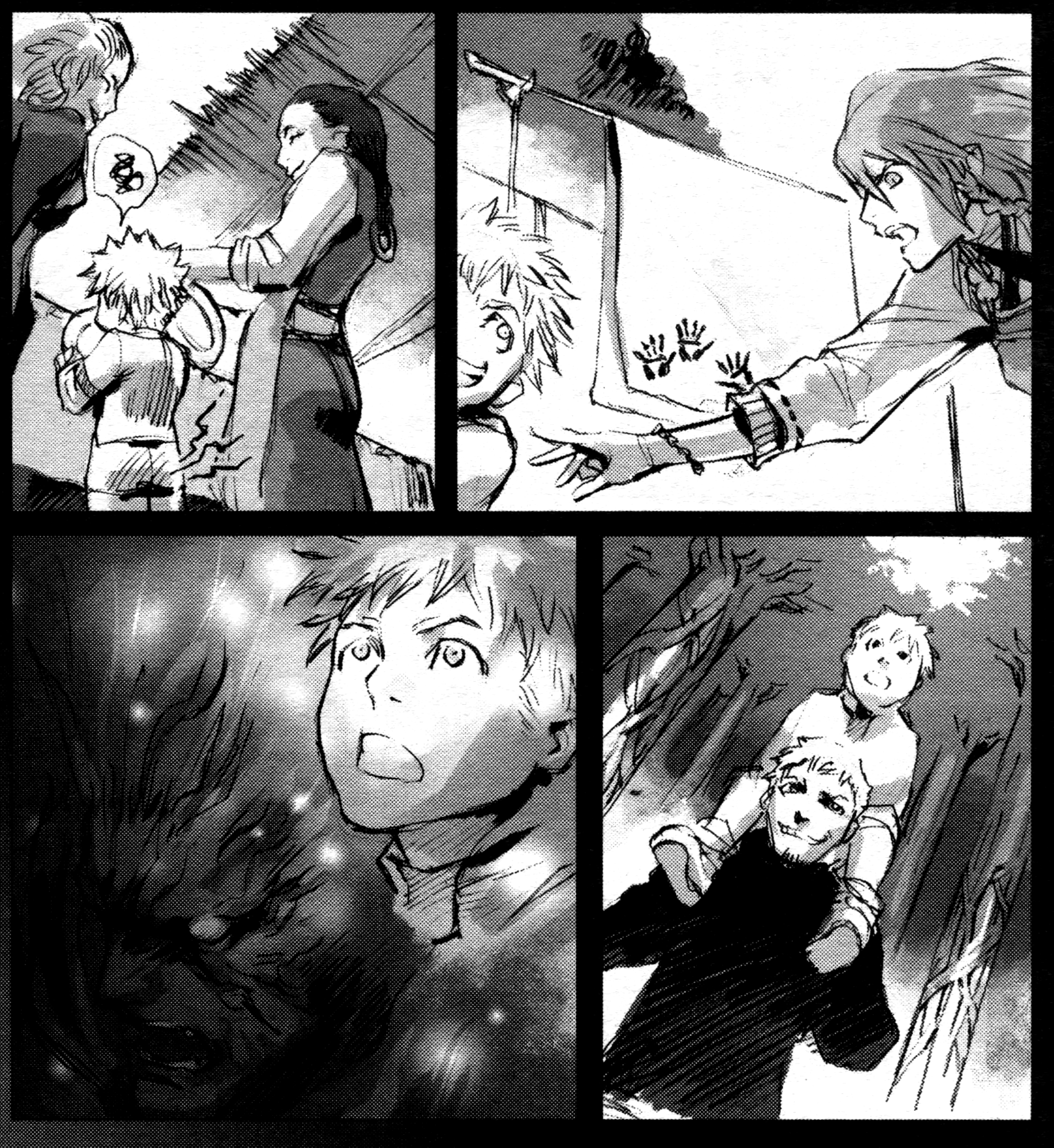 four panels of the evergrace 2 manga showing darius's childhood. from top to bottom, right to left: sharline chases after darius with laundry hanging in the background with dirtied handprints, darius washing dishes standing between his mother and another person while manga pain symbols emanating from his butt, darius sitting on his father's shoulders as they walk through a forest. the final frame shows a closeup of darius admiring the trees with his mouth agape, while his possessed adult face is shown in the corner with a shadowy atmopshere.